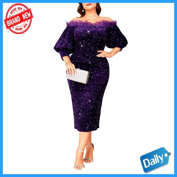 Sequin Off Shoulder Bodycon Midi Dress Formal Party Cocktail Elegant Evening